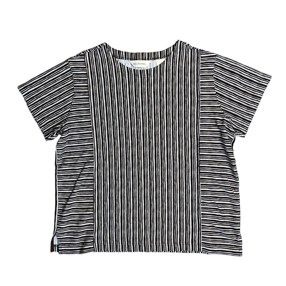 BECHAMEL Black Tan Cream Striped Crew Neck Short Sleeve T-Shirt Women’s Size L